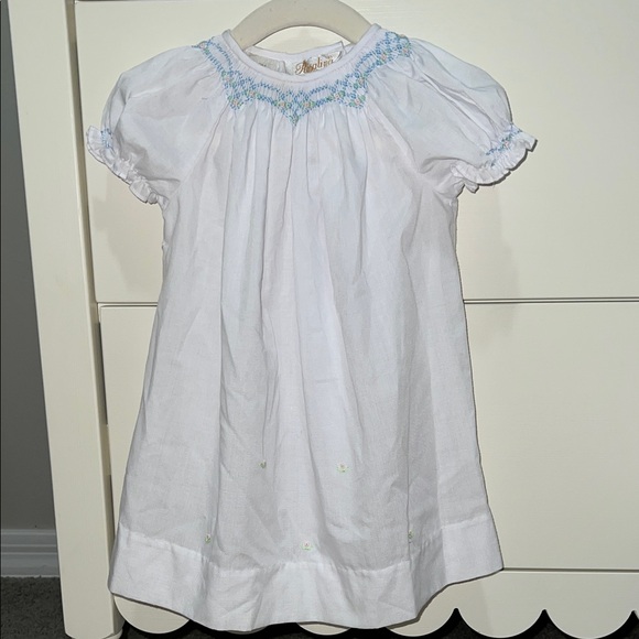 Smocked White Smocked Easter Spring Dress with Blue Embroidery and Pink Flowers - Picture 1 of 5